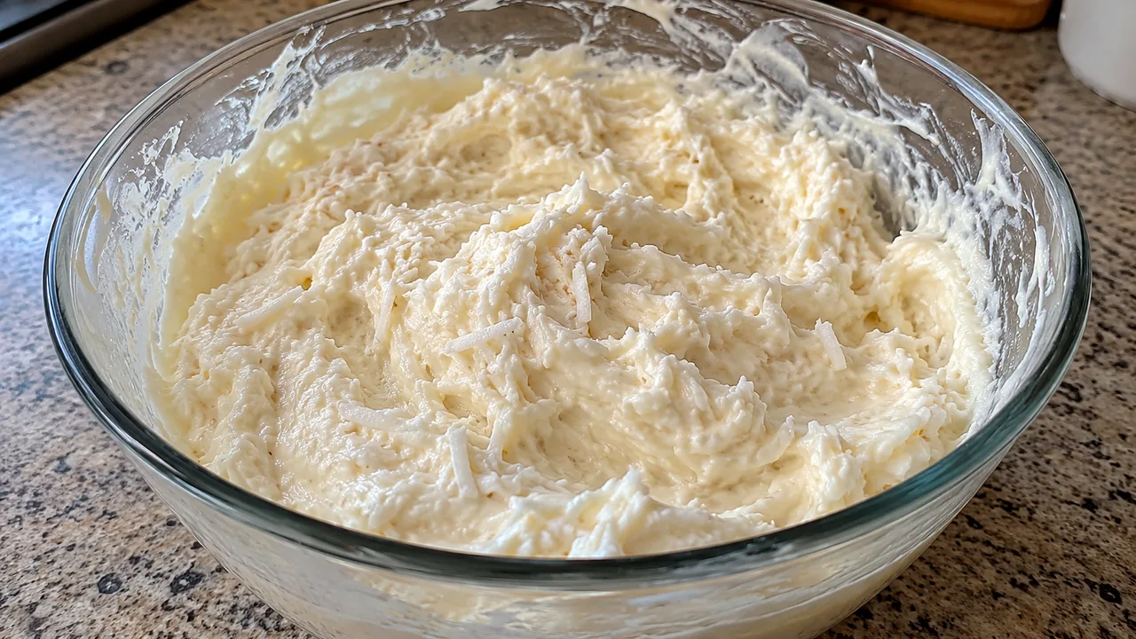 Pale ivory coconut pie filling with shredded coconut folded into whipped topping mixture