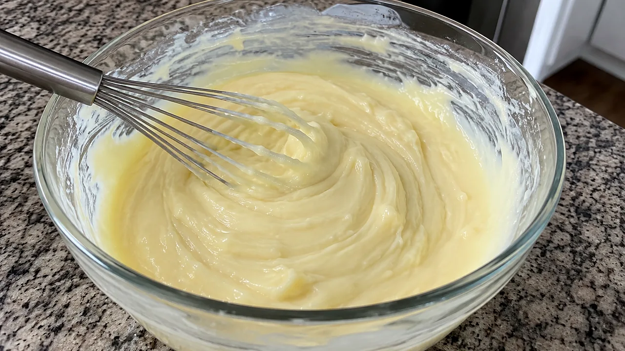 Mixing bowl of thickening pale vanilla pudding base for no-cook coconut pie