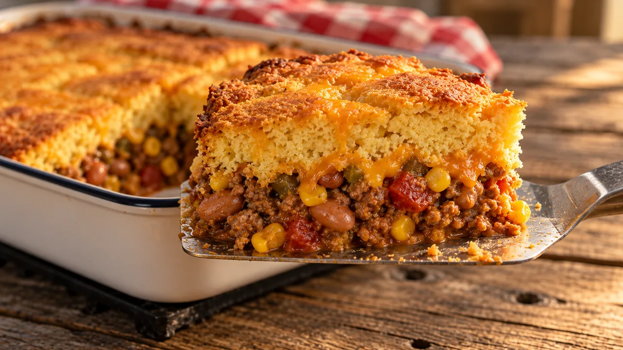 Cross-section of a cornbread cowboy casserole square showing the cornbread top, melted cheddar, and beef, pinto bean, and corn filling