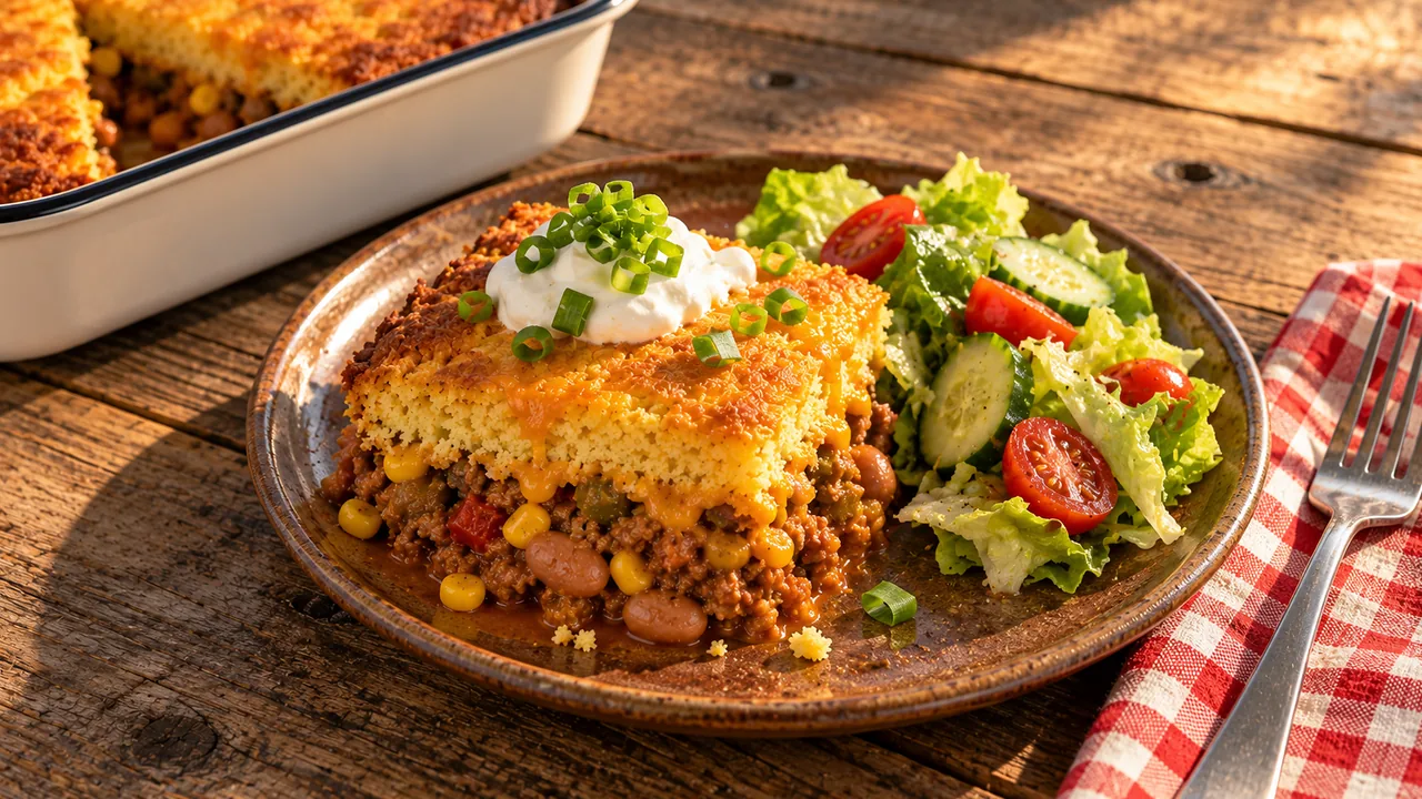 A square of cornbread cowboy casserole on a rustic brown ceramic plate with sour cream, sliced green onions, and a crisp side salad
