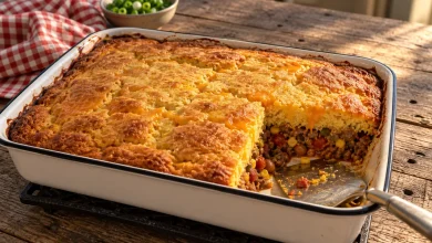Cornbread cowboy casserole with a golden cornbread top in a white enamel 9x13 baking dish on a rustic barnwood table