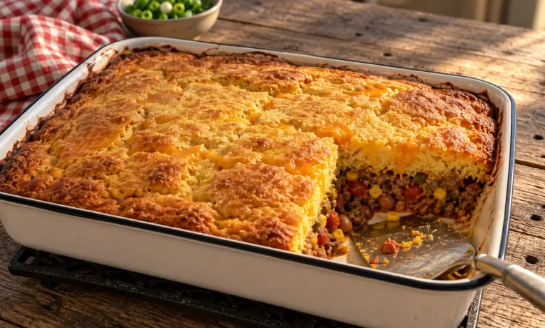 Cornbread cowboy casserole with a golden cornbread top in a white enamel 9x13 baking dish on a rustic barnwood table