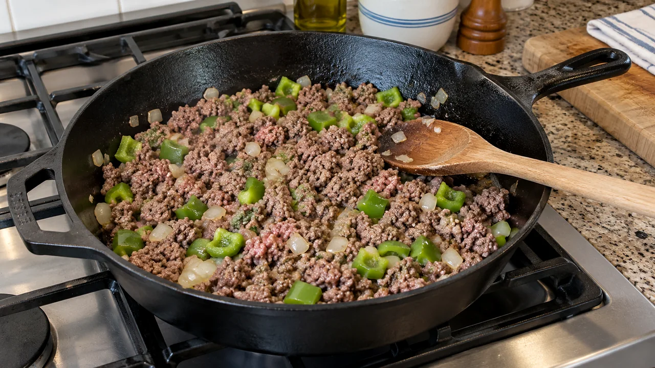 Ground beef browning with diced onion and green bell pepper in a deep cast-iron skillet