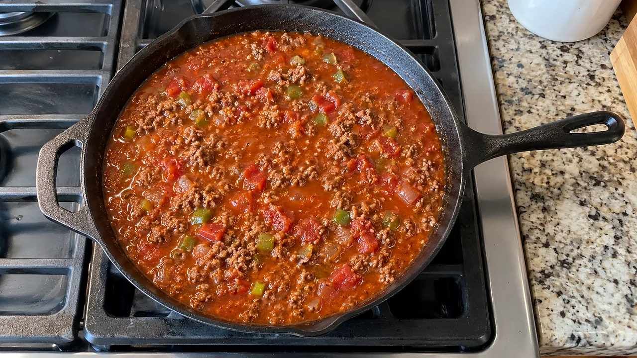 Seasoned ground beef in tomato sauce with diced tomatoes, green chiles, and broth in a cast-iron skillet before adding pasta