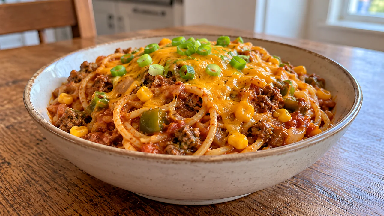 Close view of a serving of cowboy spaghetti with melted sharp cheddar, corn, and sliced green onions