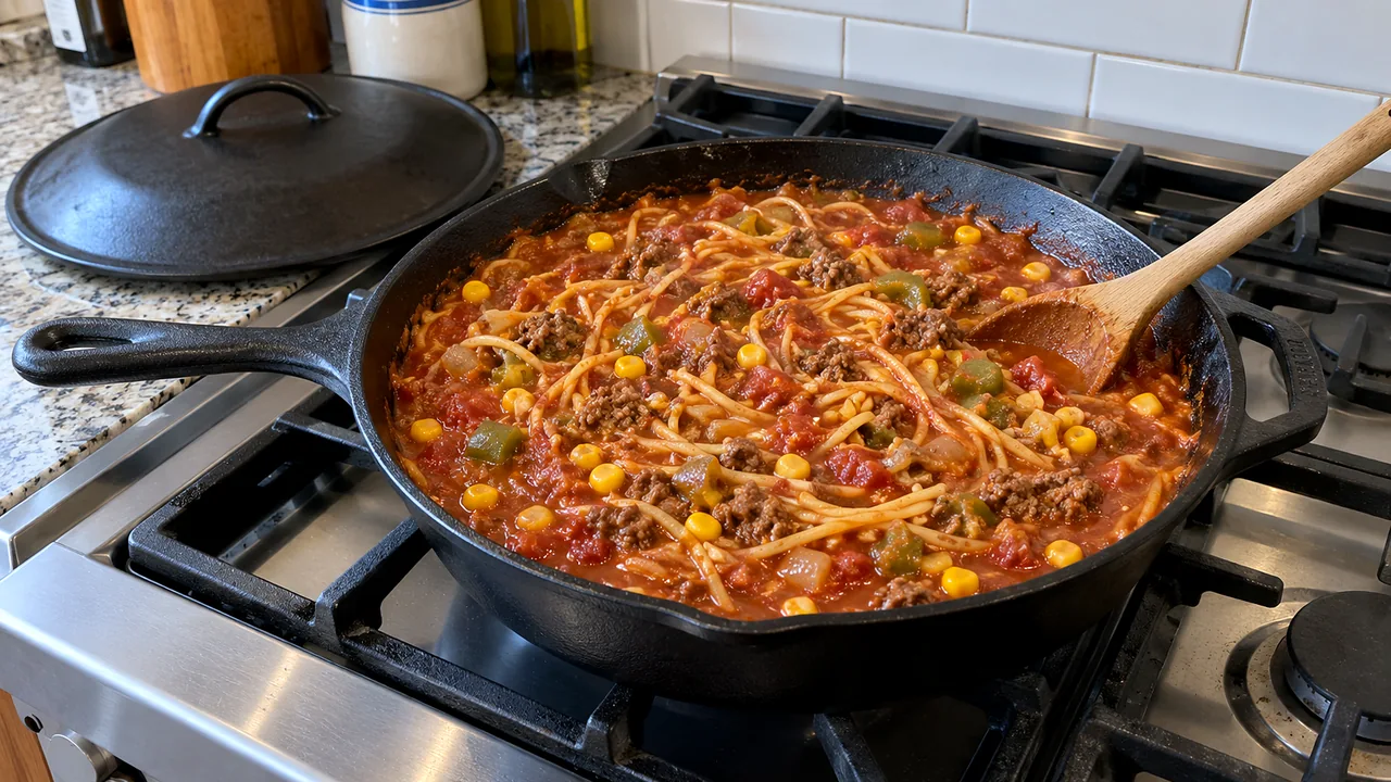 Broken spaghetti and corn simmering in beef tomato sauce in a deep cast-iron skillet, before the cheese