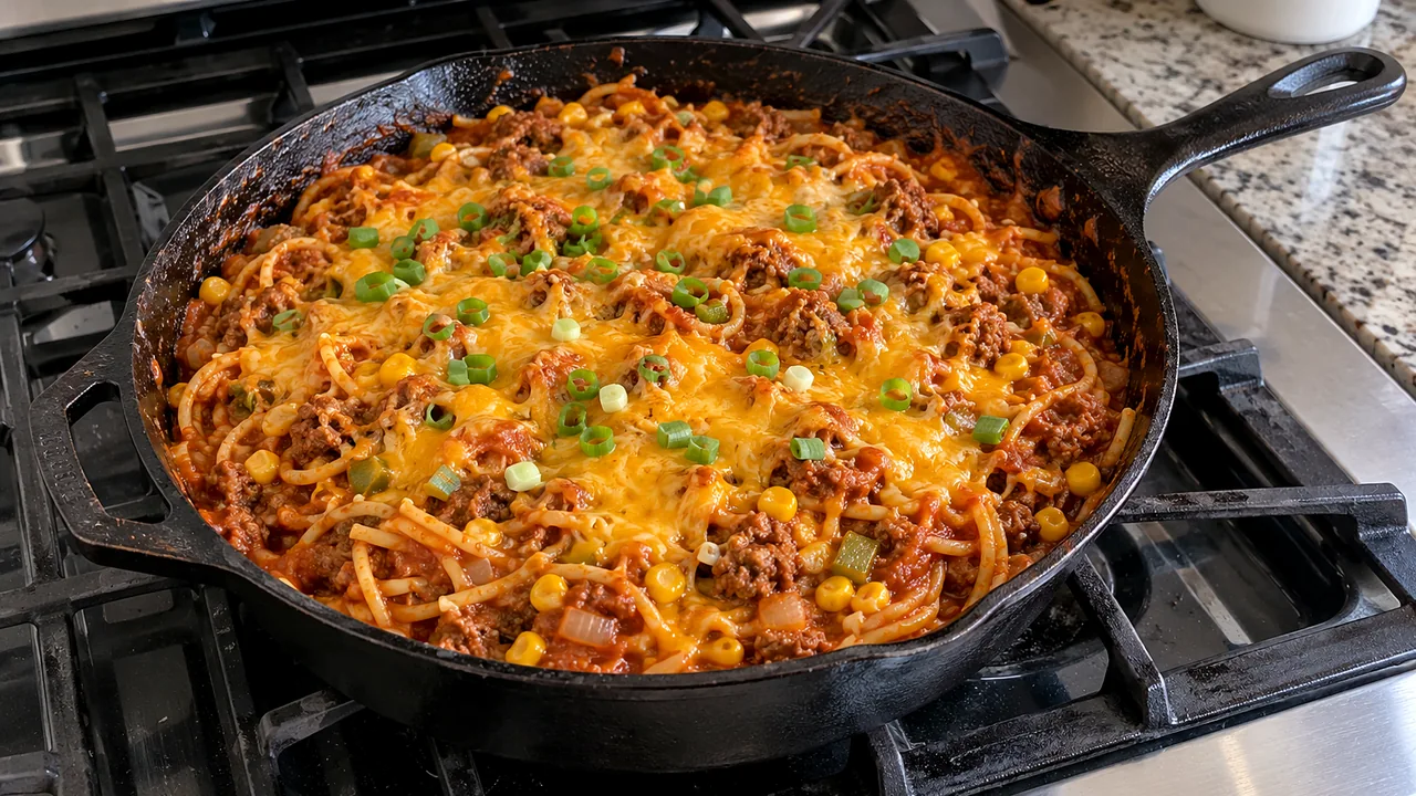 One-pot cowboy spaghetti with ground beef, corn, green pepper, melted cheddar, and green onions in a deep black cast-iron skillet