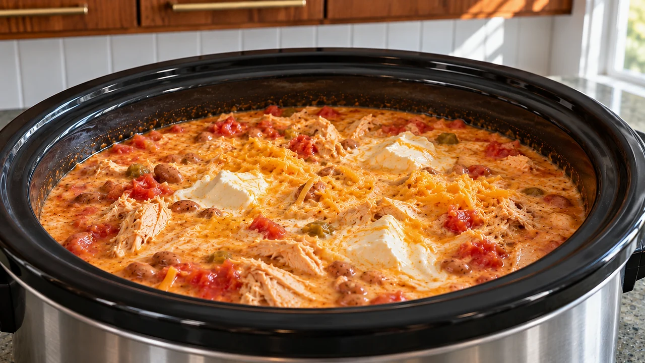 Cubes of cream cheese and shredded cheddar melting into the shredded chicken soup in the slow cooker