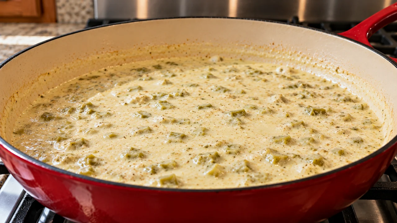 Smooth cream cheese and sour cream sauce with green chiles in the same red enameled skillet over low heat