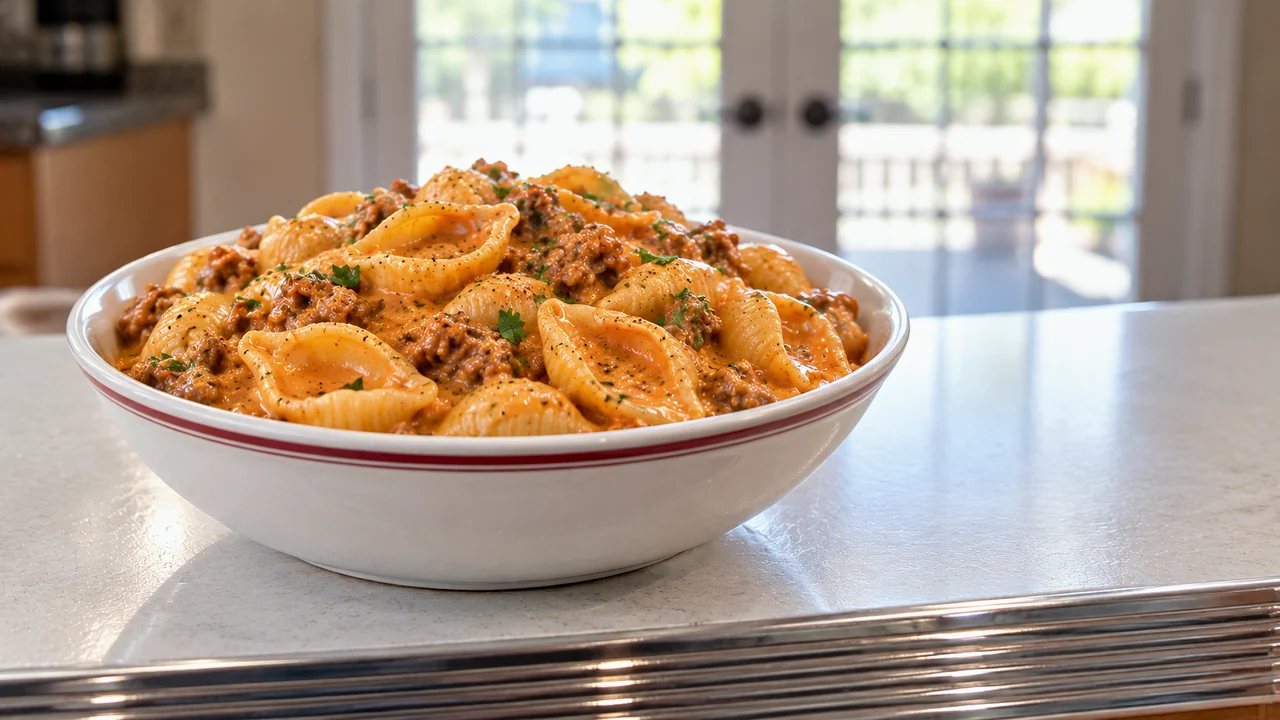 A bowl of creamy beef and shells with parsley on a white laminate breakfast bar