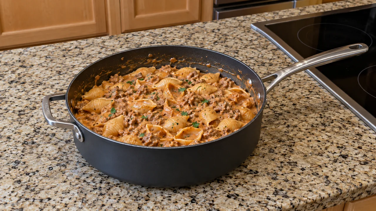 Creamy beef and shells with ground beef and cheddar tomato cream sauce in a deep black pan