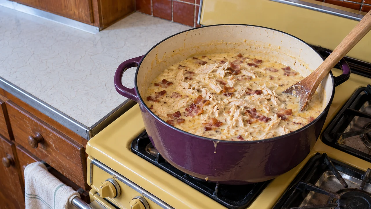 Shredded chicken and bacon stirred into a creamy cheddar and cream cheese broth in a Dutch oven