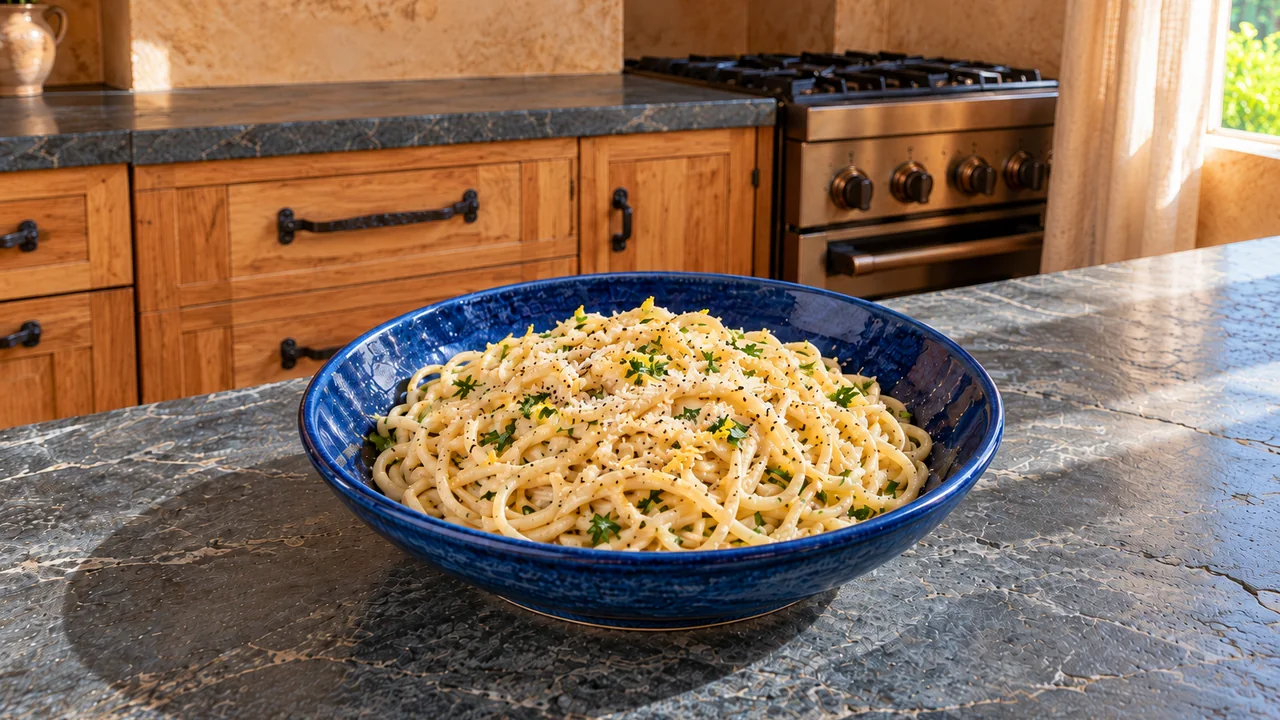 A bowl of creamy lemon pasta: spaghetti in a thin pale ivory Parmesan sauce with fine lemon zest, black pepper and a little parsley