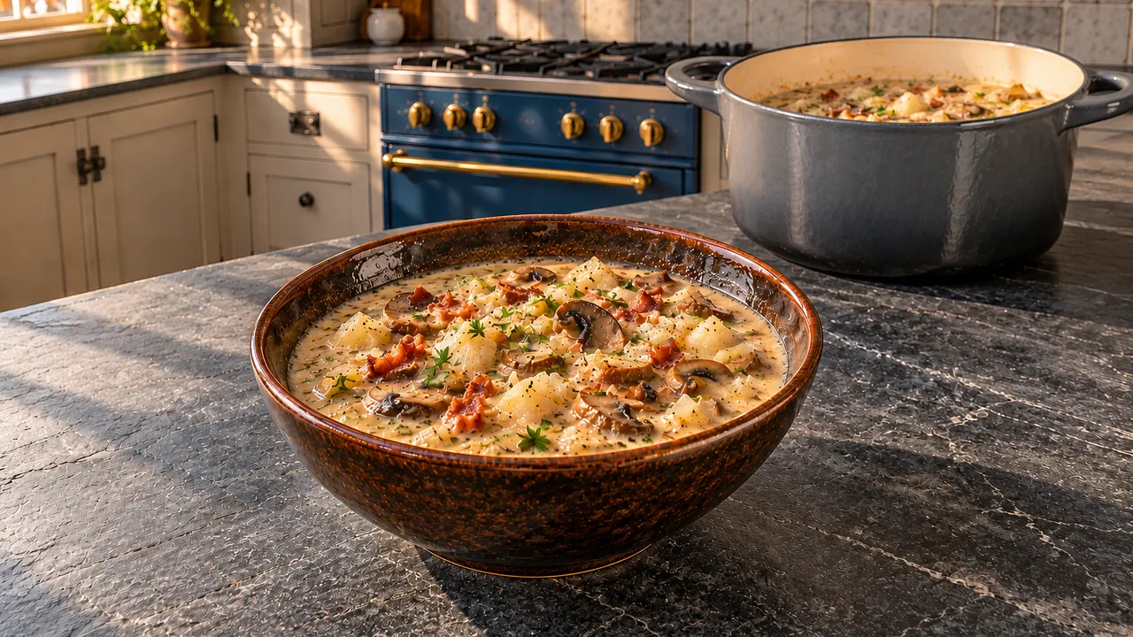 A bowl of creamy mushroom chowder with browned cremini slices, potato cubes, leeks, thyme and crisp bacon bits