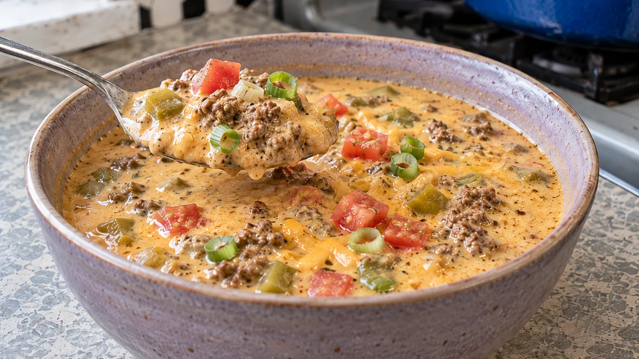 A close view of creamy queso soup in a lilac-gray stoneware bowl with beef crumbles, diced green chiles, tomato, sliced green onions and shredded cheddar, a spoonful lifted from the bowl