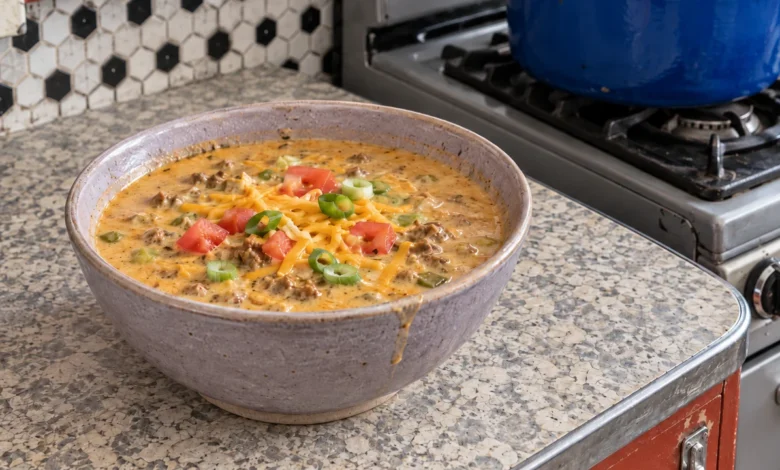 A bowl of creamy queso soup with ground beef crumbles, green chile pieces, diced tomato, green onions and shredded cheddar