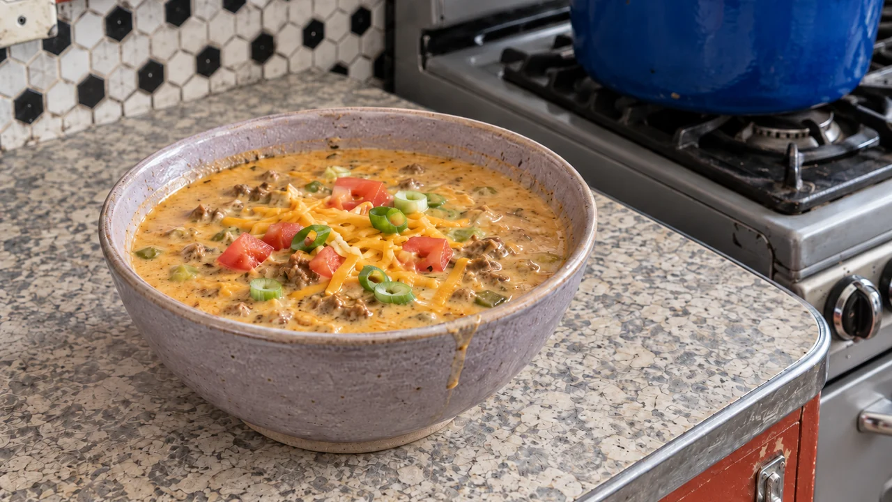 A bowl of creamy queso soup with ground beef crumbles, green chile pieces, diced tomato, green onions and shredded cheddar