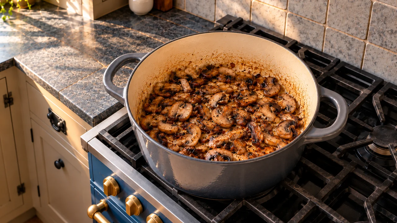 Sliced cremini mushrooms browning in a Dutch oven, liquid evaporated, edges deep brown