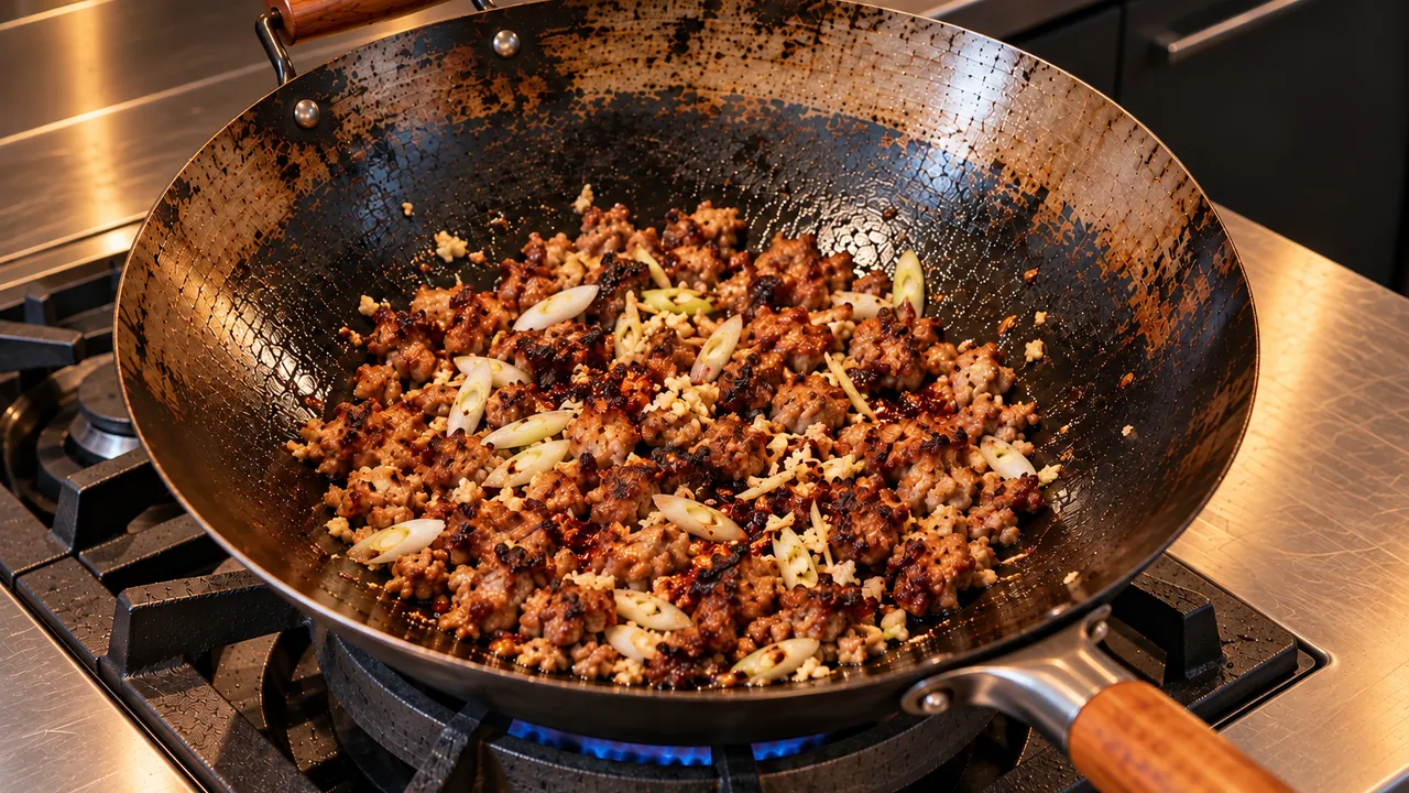 Irregular crispy pork crumbles with garlic, ginger, scallion whites and chili crisp in a wok