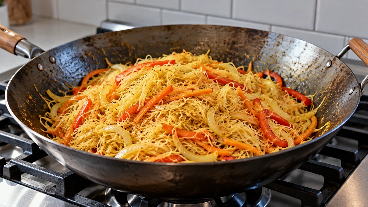 Rice vermicelli tossed with bloomed curry powder, onion, carrot and red pepper in a wok, before the shrimp go back in