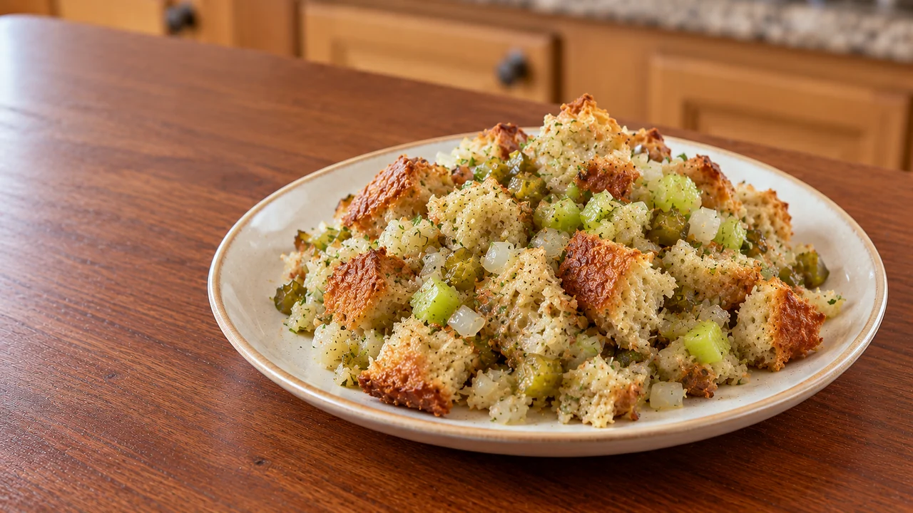 A scoop of dill pickle stuffing on a cream stoneware dinner plate on a cherry-wood table
