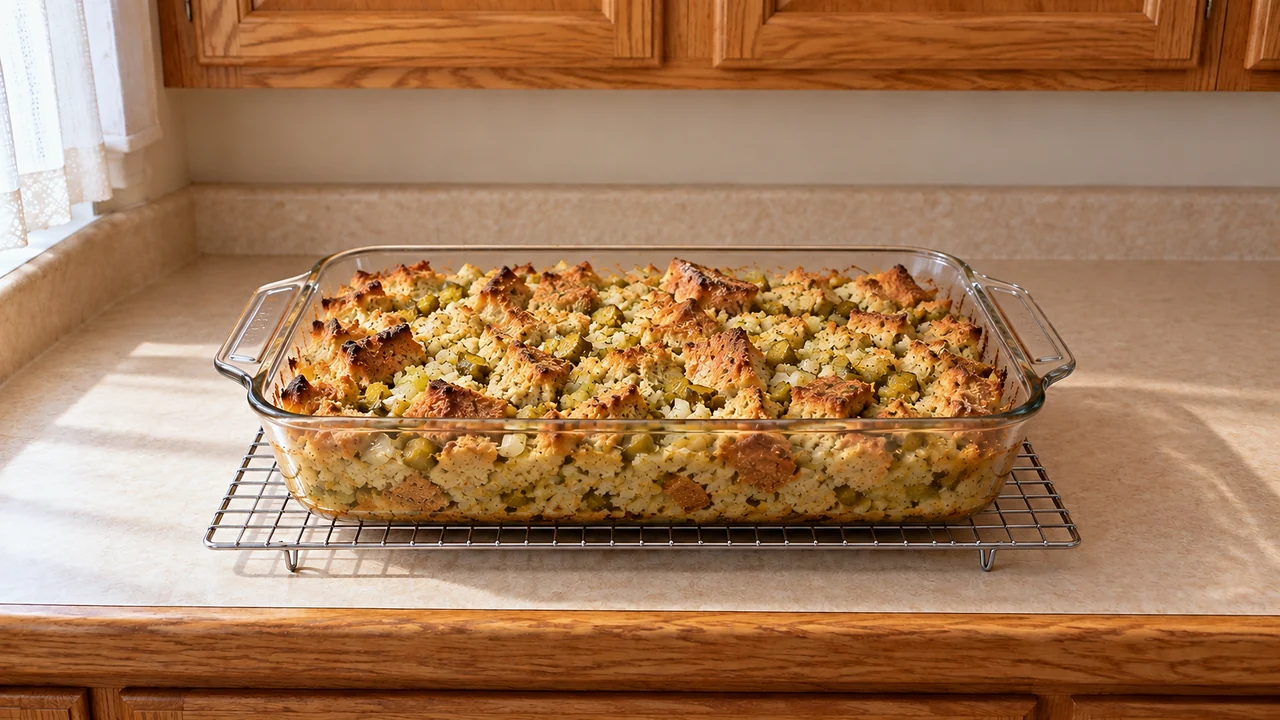 Baked dill pickle stuffing with a golden, crisp top in a clear glass 9x13 baking dish
