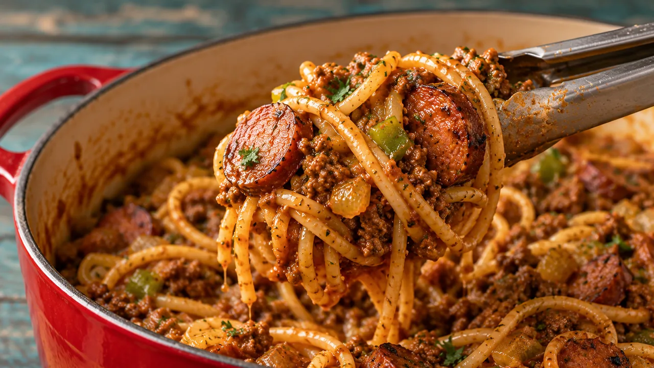 Close-up of sauce-coated dirty spaghetti strands lifted with tongs, with browned andouille slices, ground beef, and diced green bell pepper
