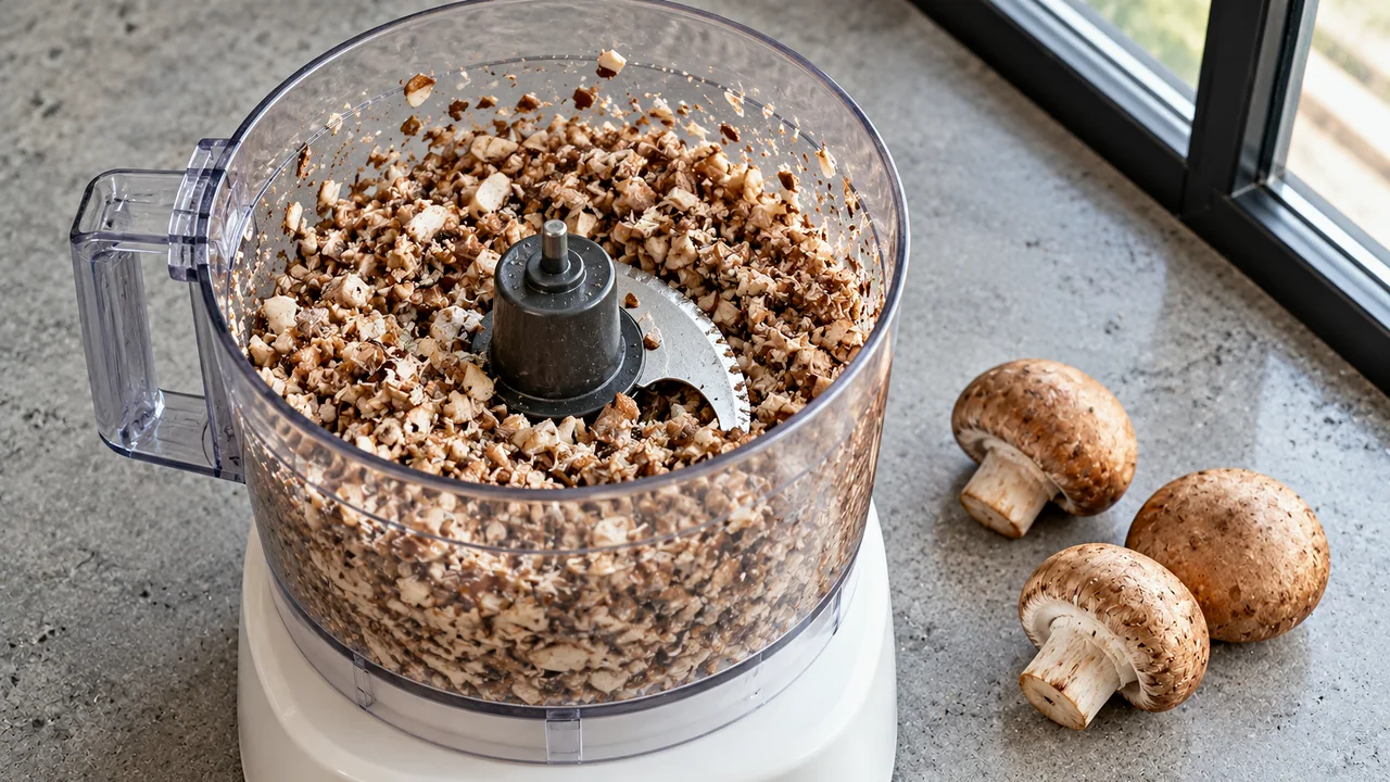 Cremini mushrooms pulsed into small irregular pieces in a food processor bowl