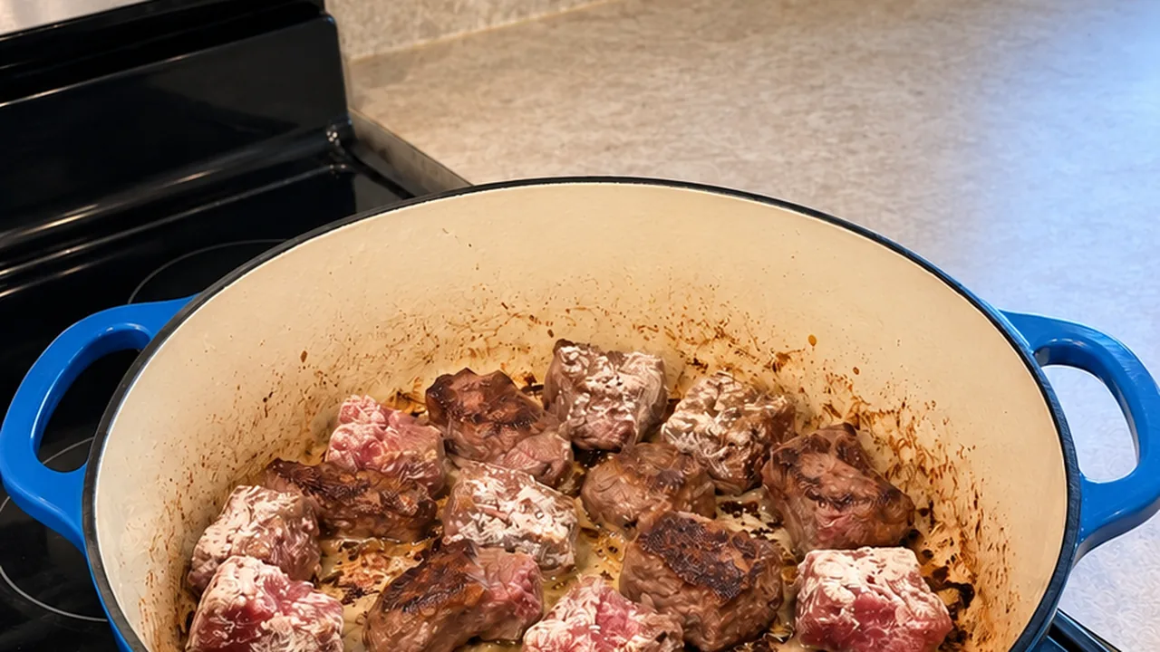 Flour-coated beef cubes browning in batches in a Dutch oven with oil