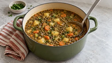 French lentil soup with potatoes, carrots, and parsley in an olive-green Dutch oven with a ladle