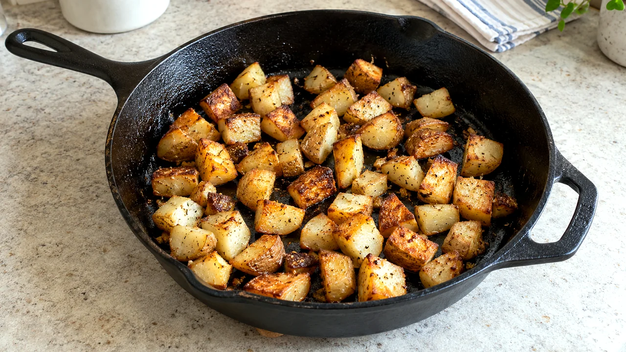 Irregular 1/2-inch russet potato cubes developing a deep golden crust in the same skillet
