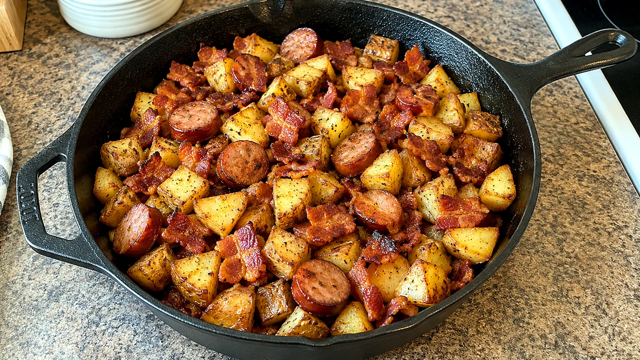 Crispy fried potato cubes combined with bacon and smoked sausage in the skillet before cheese is added