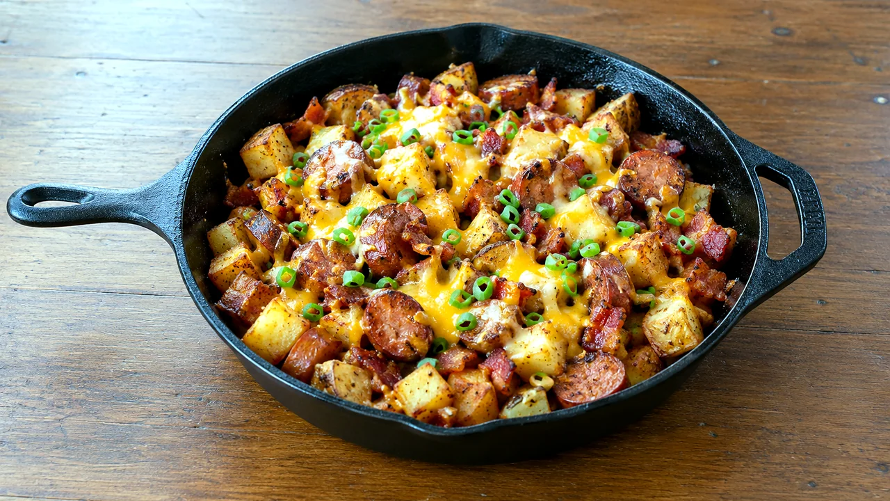 Generous serving of fried potatoes with bacon and smoked sausage topped with naturally melted cheddar and green onions
