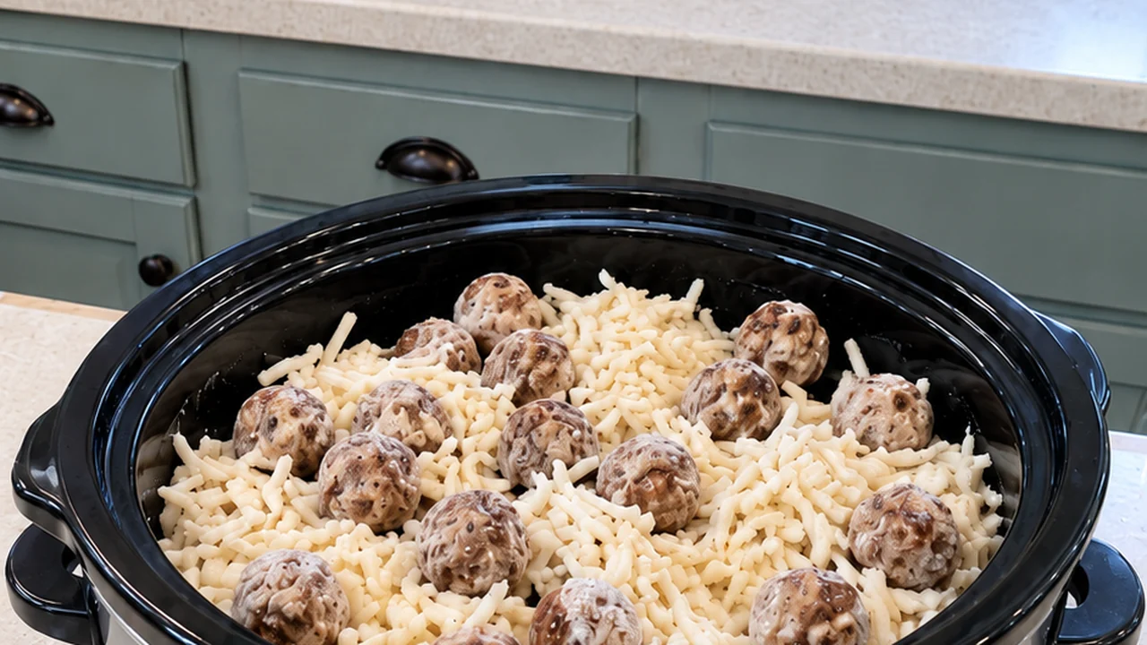 Frozen shredded hash browns and frozen fully cooked meatballs in a stainless steel slow cooker before the sauce is added