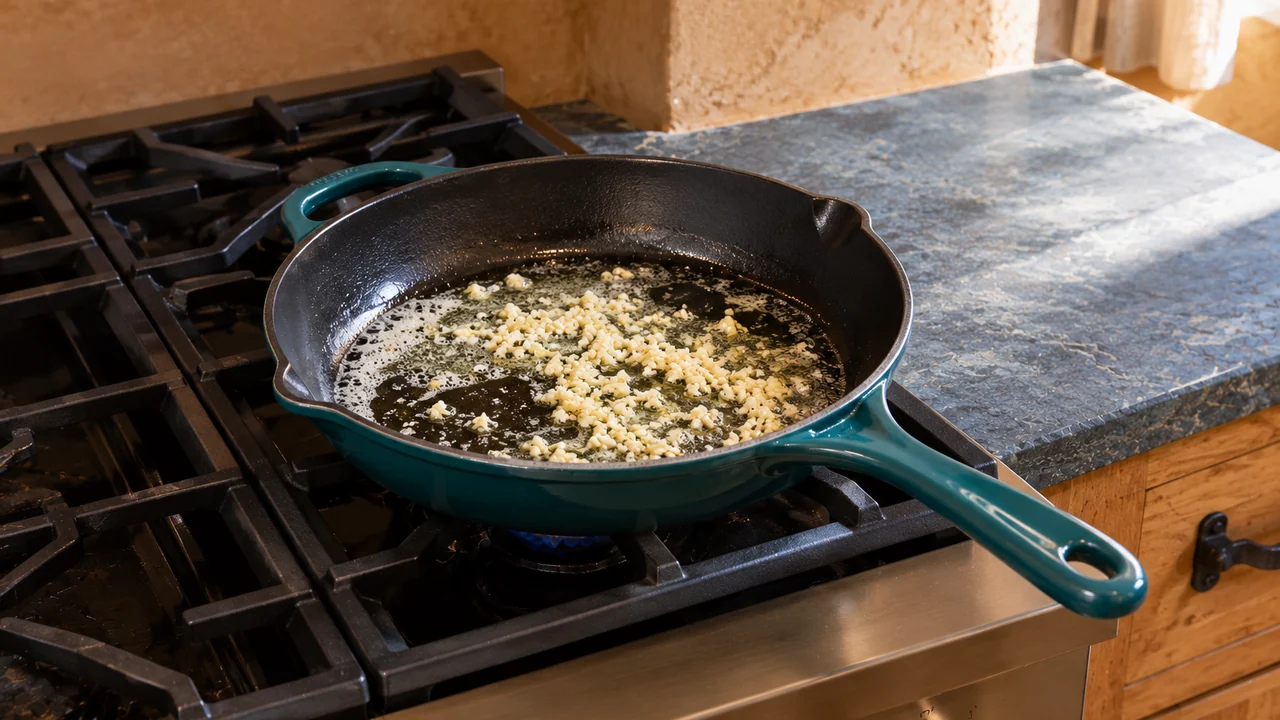 Minced garlic softening in melted butter in a skillet, pale and not browned