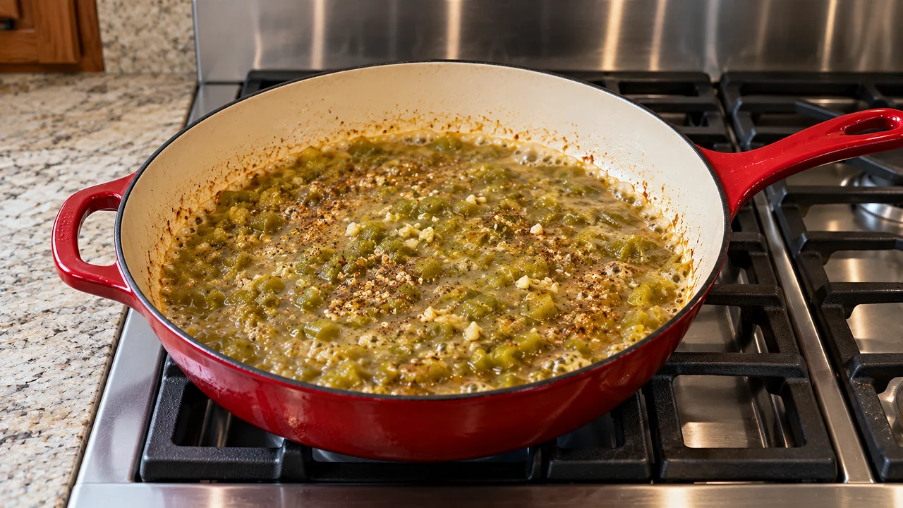 Diced green chiles simmering with broth, garlic and cumin in the skillet before the cream cheese goes in