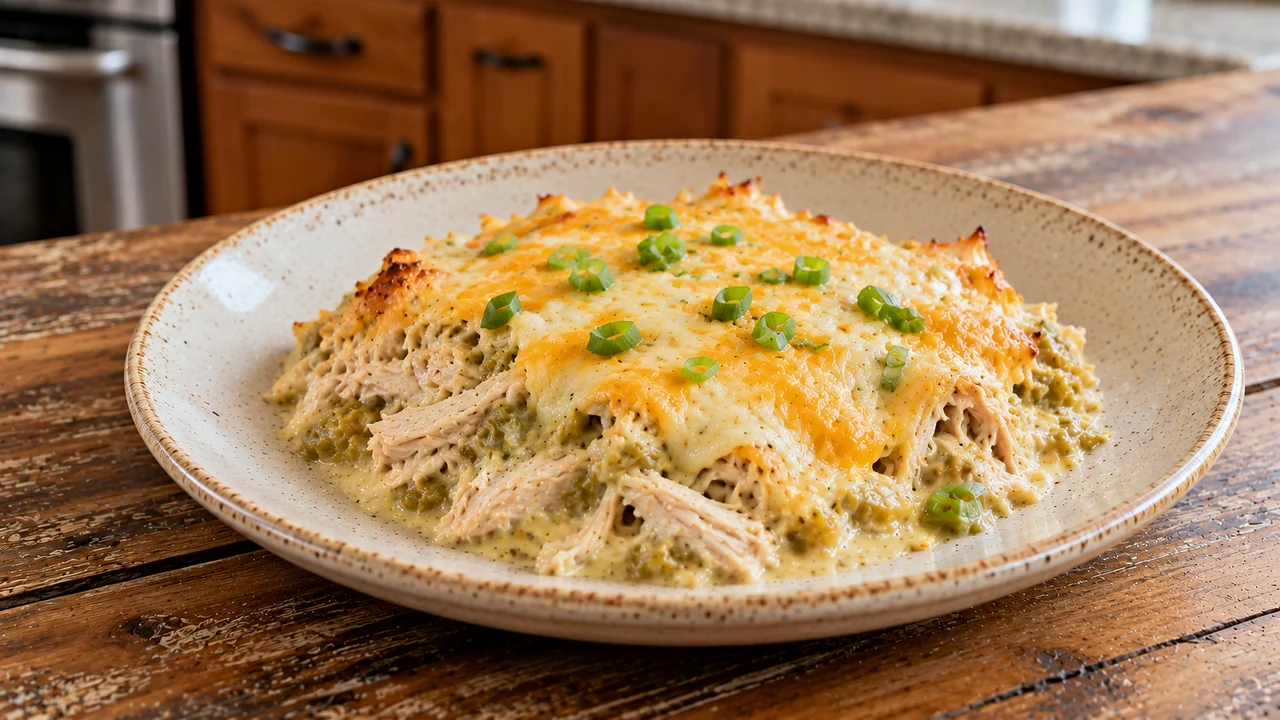 A serving of green chili chicken with melted cheese on a speckled cream stoneware plate