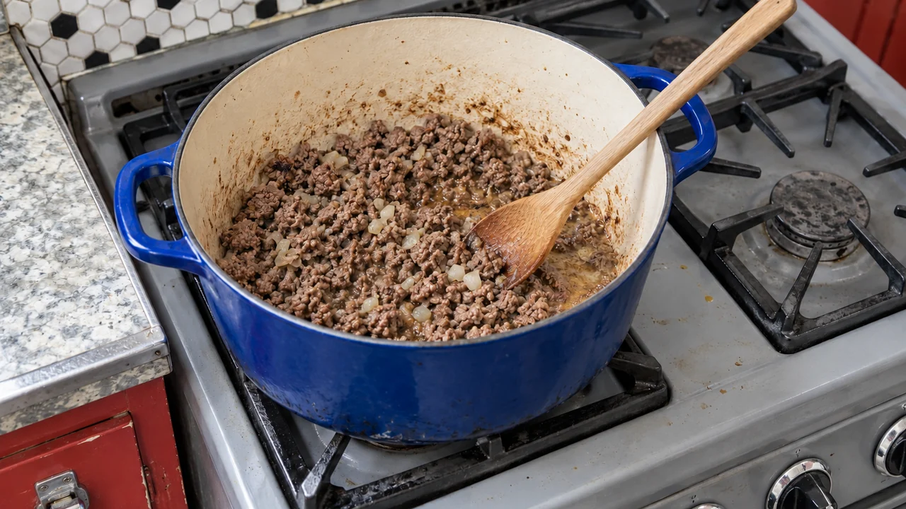 Ground beef and finely diced onion browning in a Dutch oven