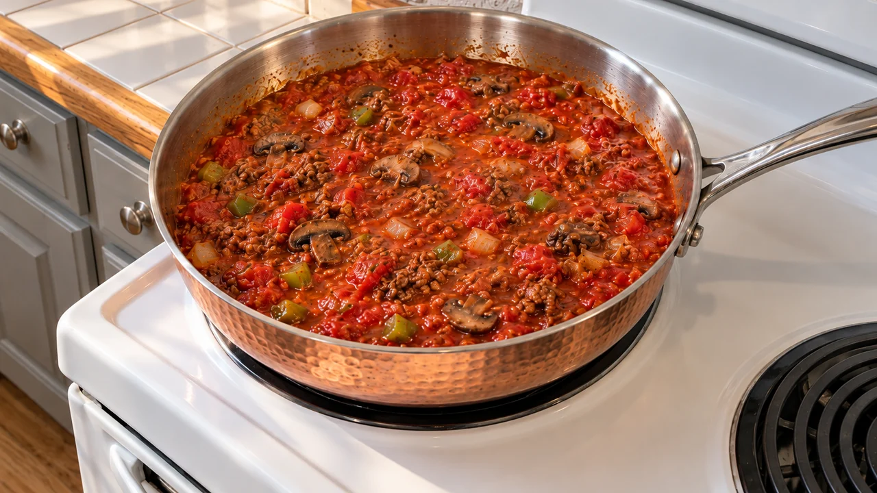 Ground beef marinara with green bell pepper, mushrooms and onion simmering in a large skillet