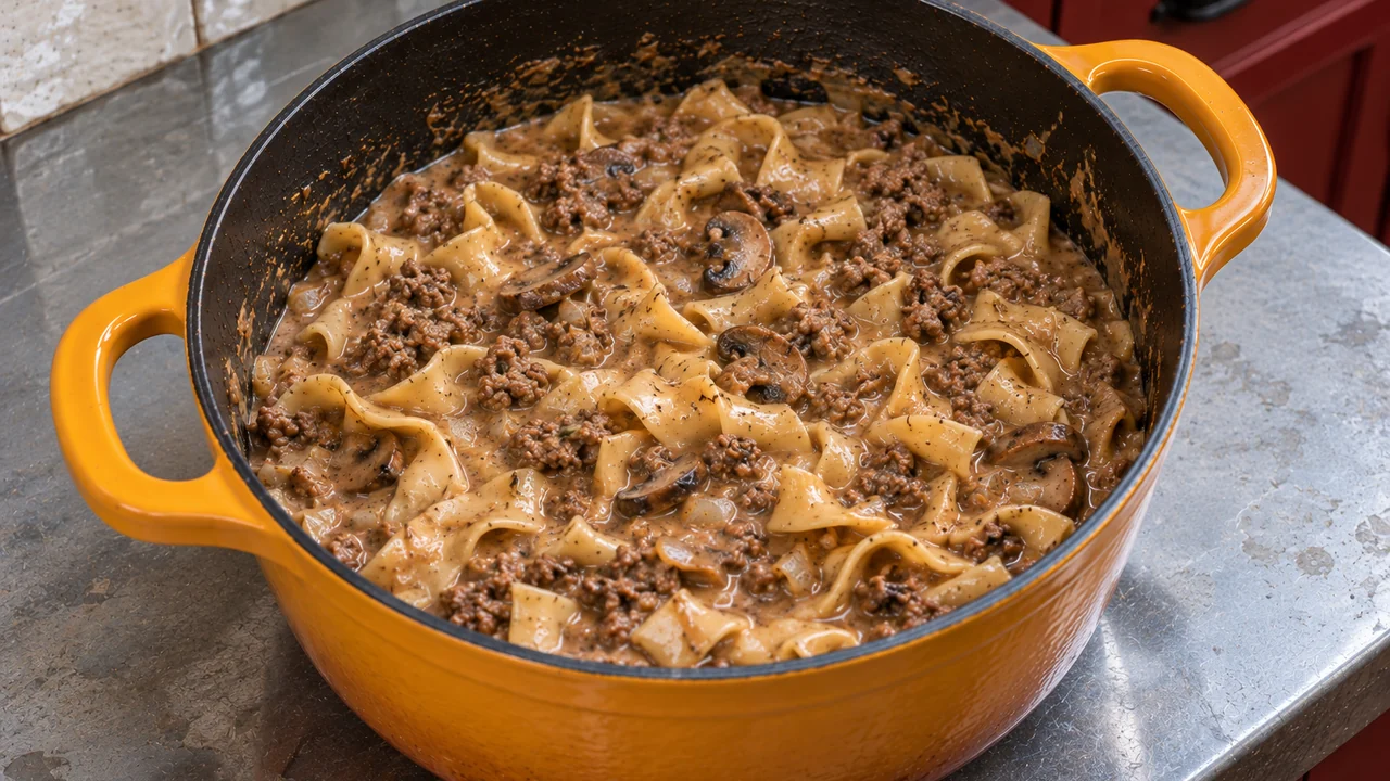 Ground beef stroganoff in a Dutch oven after the sour cream is stirred in, creamy beige sauce clinging to the noodles