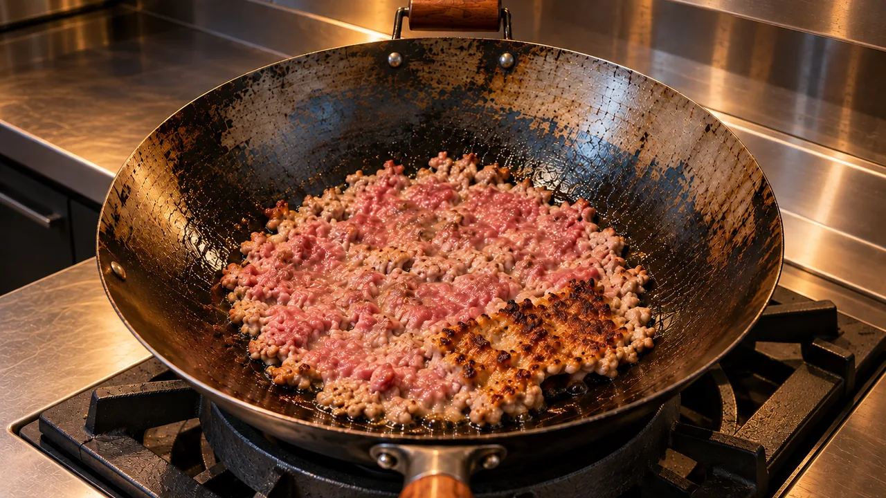 Ground pork pressed flat in a carbon steel wok, browning undisturbed with a crust forming at the edges