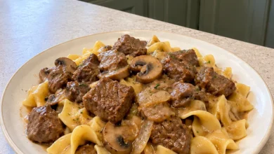 Dutch oven of homemade beef and noodles style stew with browned steak cubes, mushrooms and medium-brown gravy beside buttered wide egg noodles