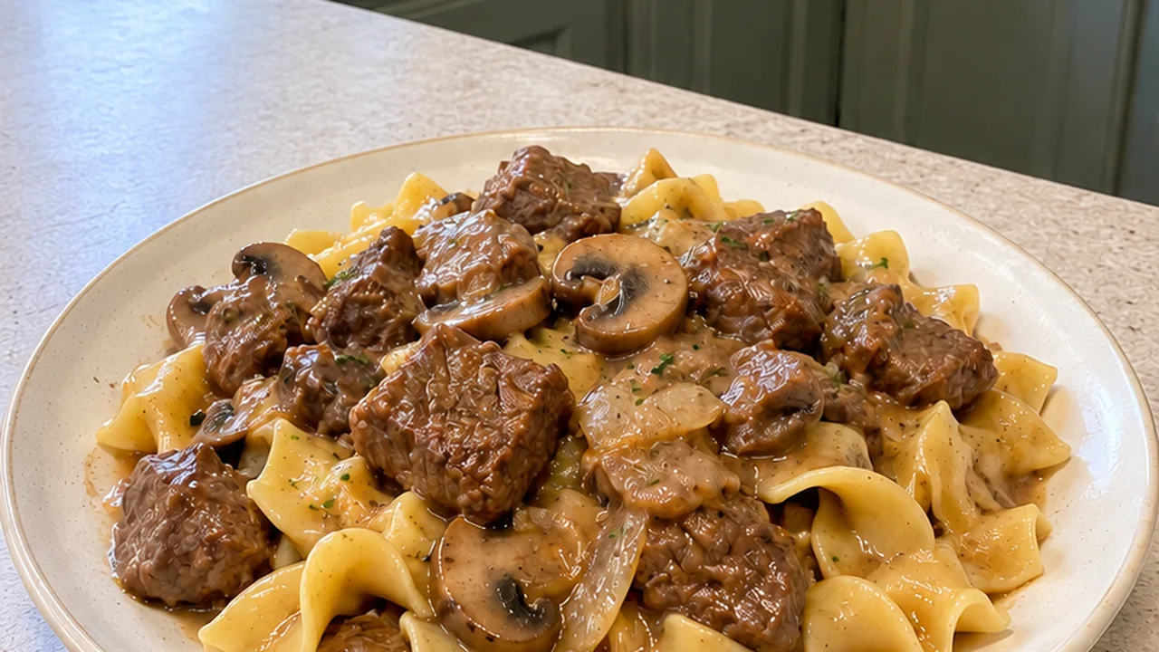 Dutch oven of homemade beef and noodles style stew with browned steak cubes, mushrooms and medium-brown gravy beside buttered wide egg noodles