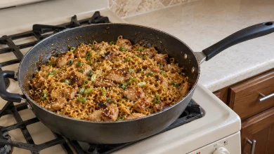 Honey garlic chicken ramen in a deep skillet: curly noodles and browned chicken thigh pieces in an amber-brown sauce with sesame seeds and green onions