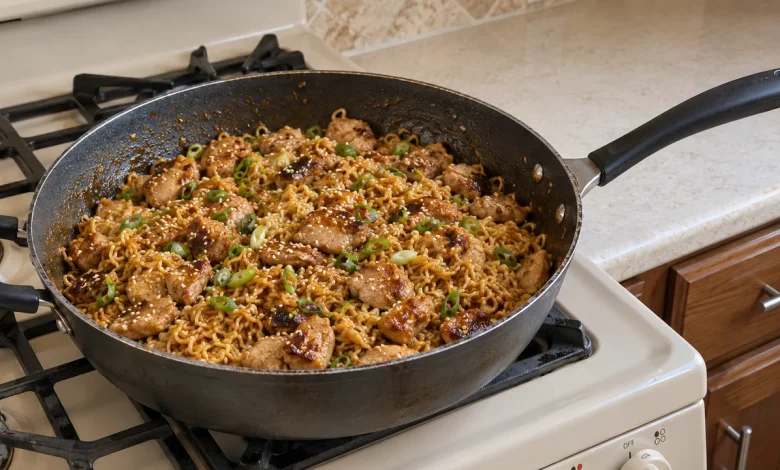 Honey garlic chicken ramen in a deep skillet: curly noodles and browned chicken thigh pieces in an amber-brown sauce with sesame seeds and green onions