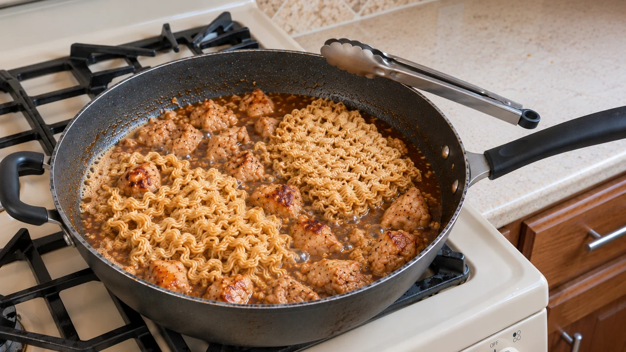 Instant ramen blocks softening and loosening in broth and sauce around the chicken in the skillet