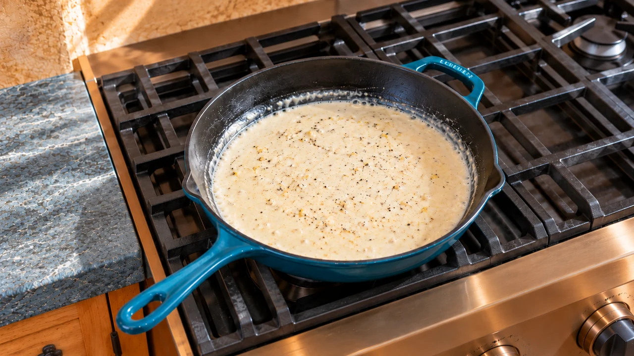 Smooth pale ivory cream sauce with lemon zest and melted Parmesan in a skillet