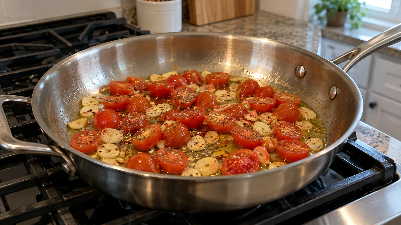 Sliced garlic and halved cherry tomatoes cooking in olive oil in a stainless steel skillet