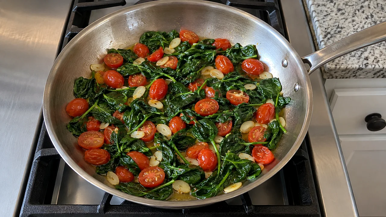 Wilted baby spinach with softened cherry tomatoes and garlic in a stainless steel skillet