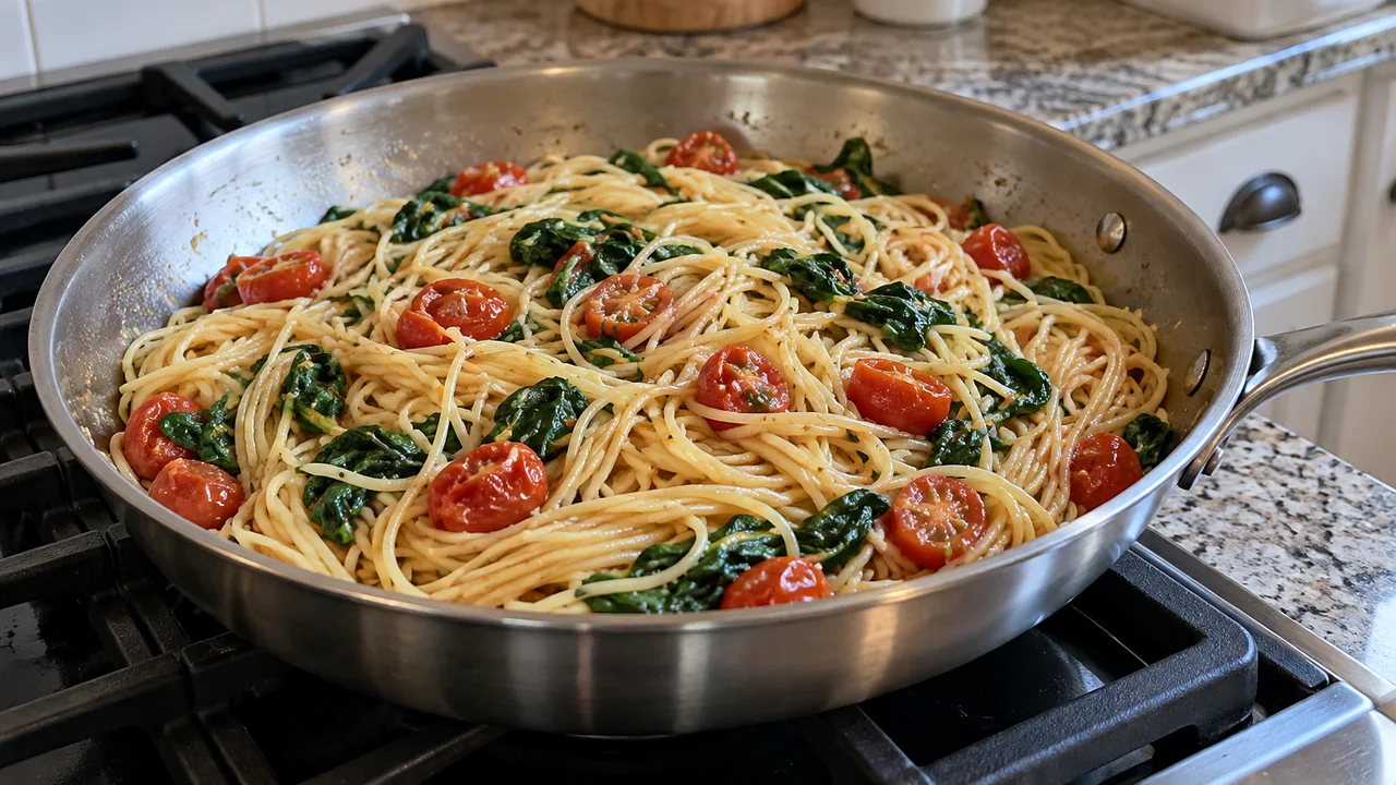 Spaghetti tossed with lemon olive oil sauce, tomatoes, and spinach in a stainless steel skillet